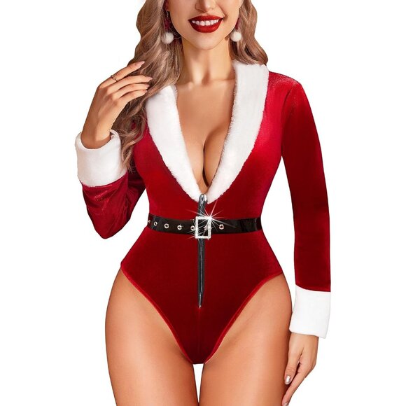 Women's Christmas Lingerie Sexy Red Santa Teddy Bodysuit One Piece with Belt - Picture 1 of 4